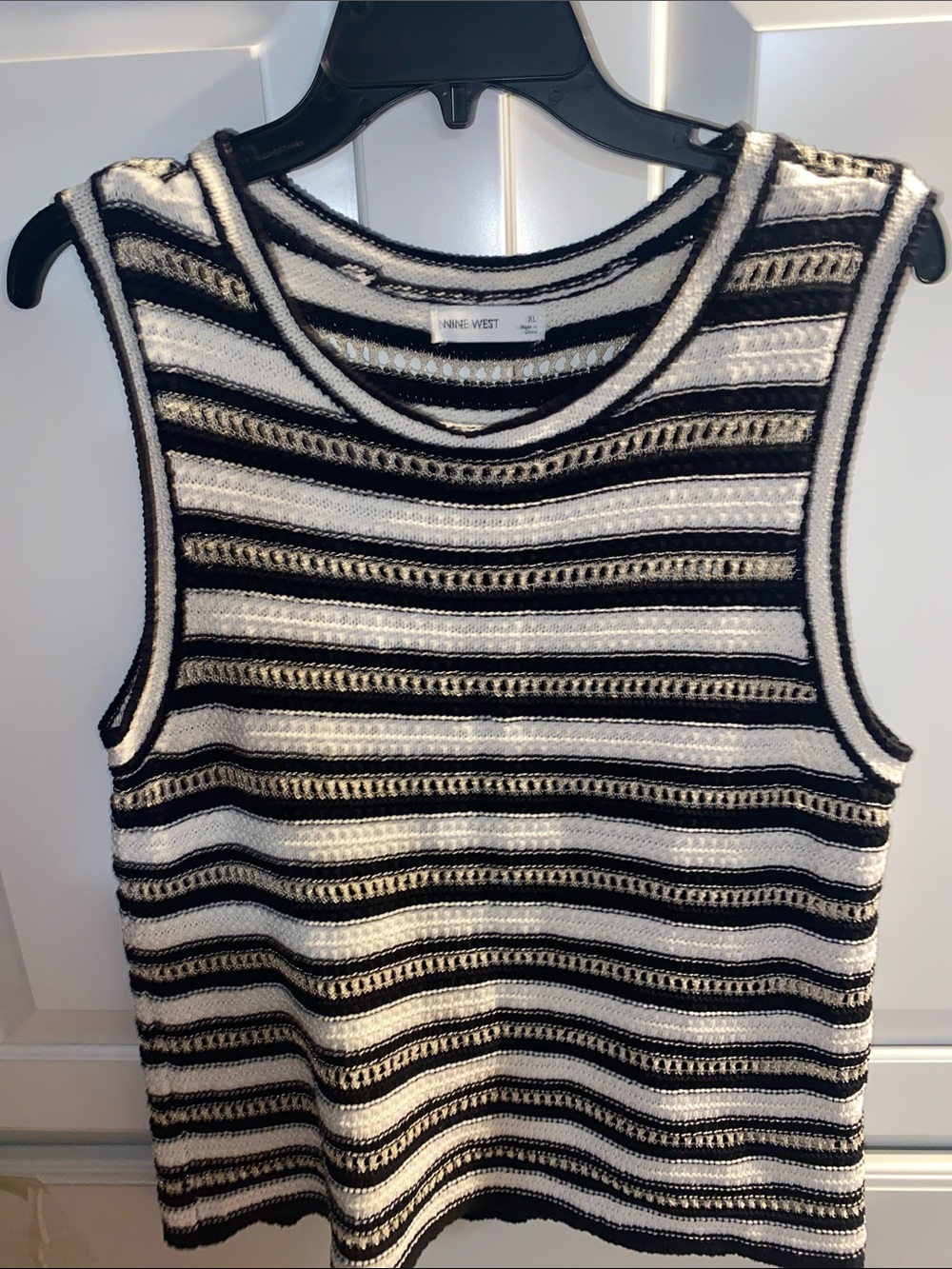 Nine West Black and White Striped Open-Knit Tank